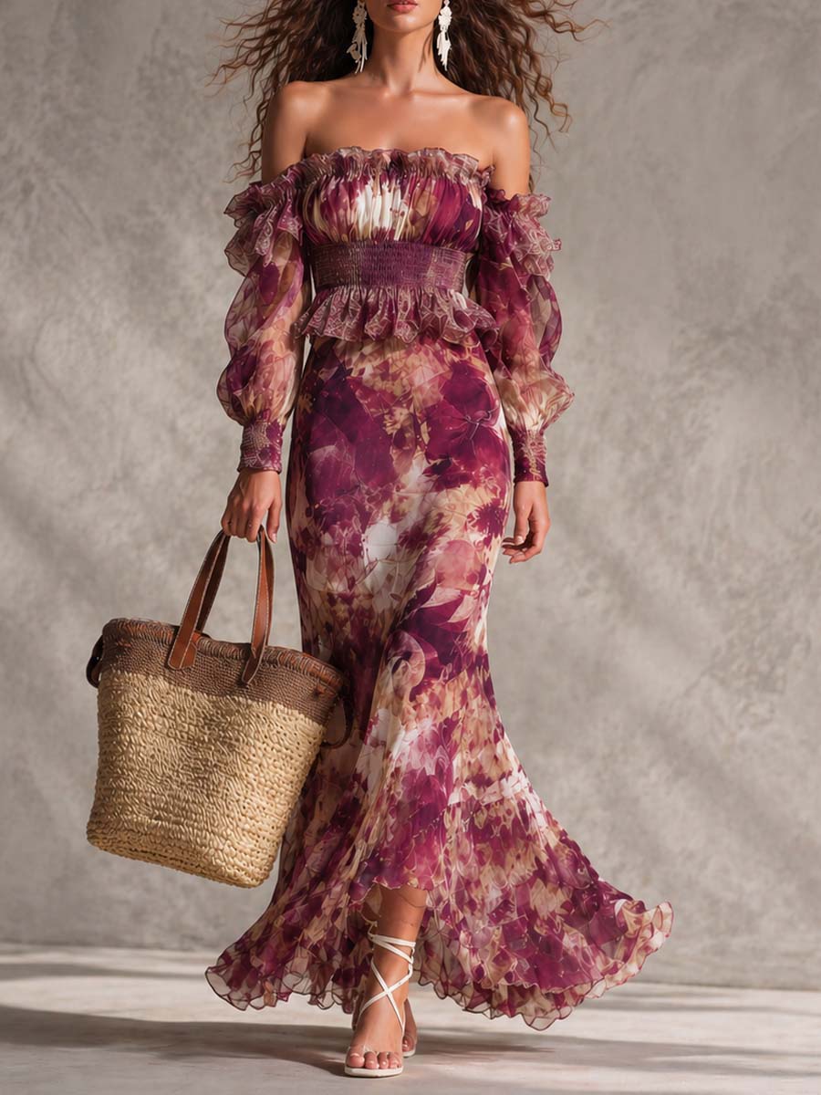 Gabriel Moreno - Vestido Maxi en Chifón Rosa Pink con Hombros Descubiertos