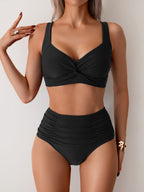 Emoswims - Women's High Waisted Bikini Sets Twist Front Two Piece Swimsuit Ruched Tummy Control Bathing Suits