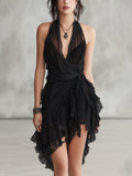 Gabriel Moreno - Vestido Mini de Encaje Negro con Escote Halter y Volantes