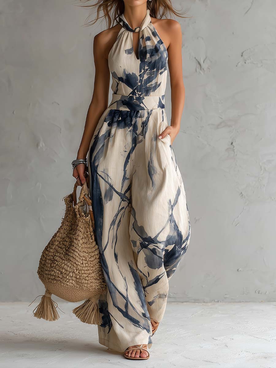 Gabriel Moreno - Jumpsuit con Escote Halter, Estampado de Tinta y Pantalones Anchos con Bolsillos