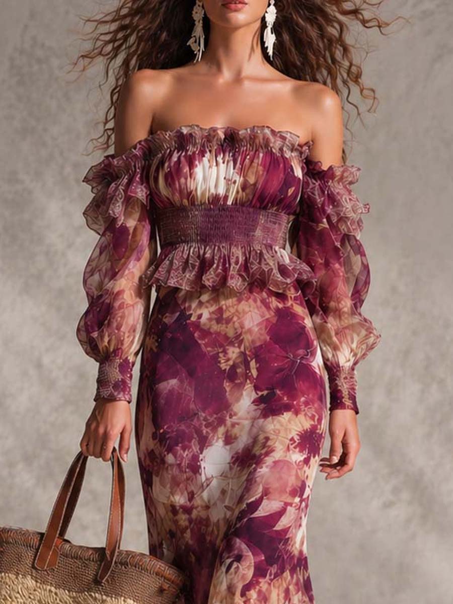 Gabriel Moreno - Vestido Maxi en Chifón Rosa Pink con Hombros Descubiertos