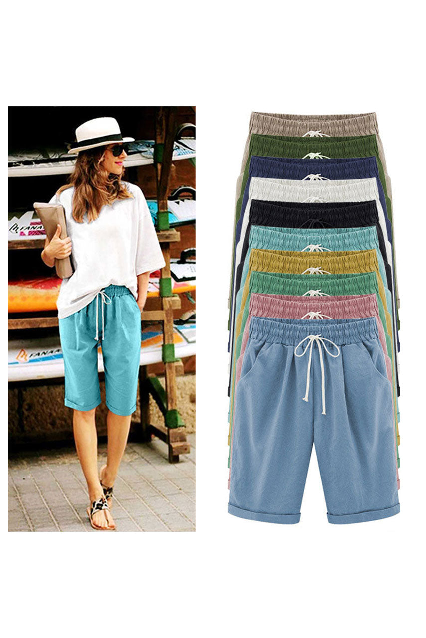 Emoswims - Women's Elastic Waist Knee Length Casual Cotton Bermuda Shorts with Drawstring
