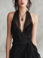 Gabriel Moreno - Vestido Mini de Encaje Negro con Escote Halter y Volantes