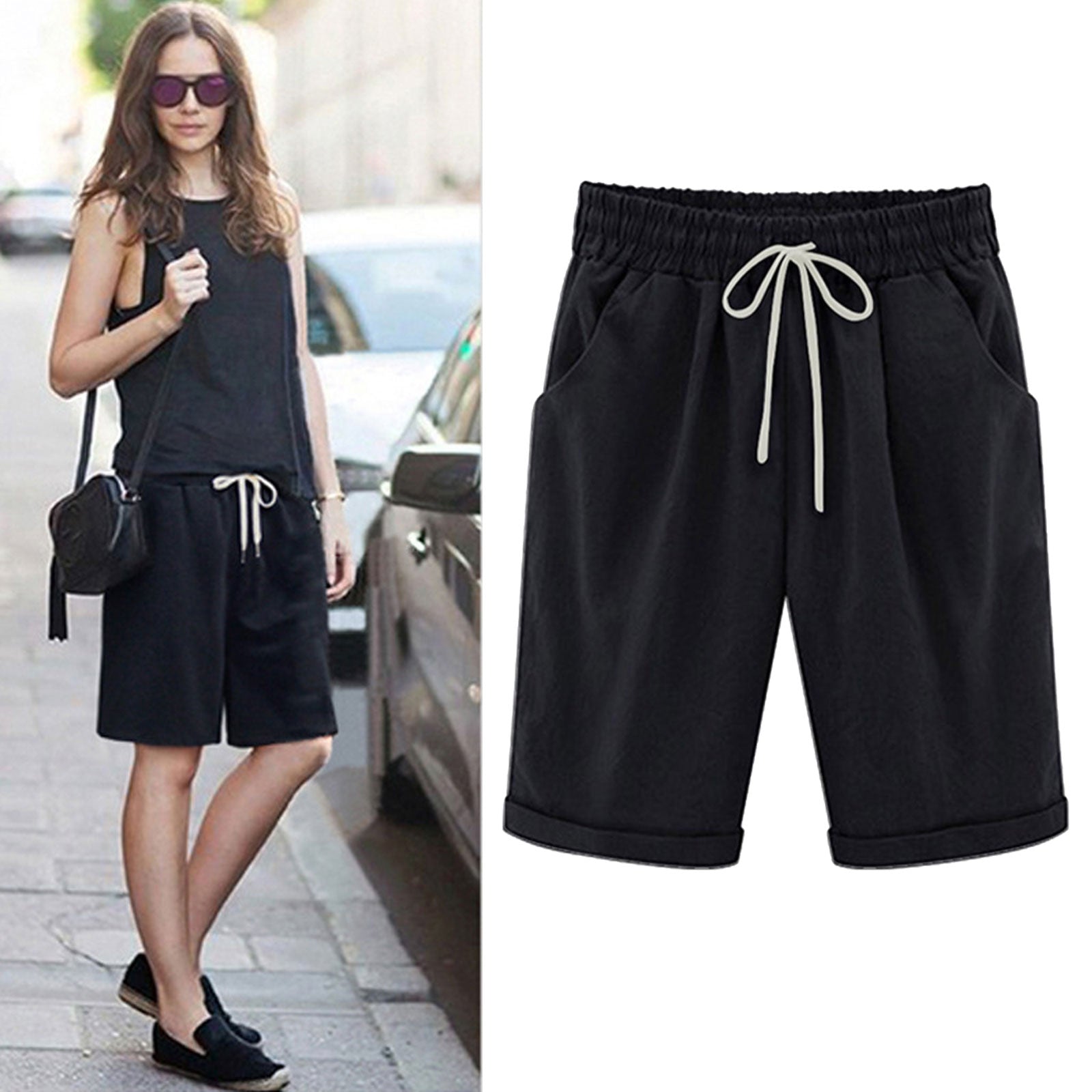 Emoswims - Women's Elastic Waist Knee Length Casual Cotton Bermuda Shorts with Drawstring