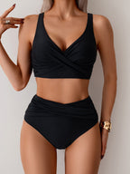 Emoswims - Women's High Waisted Bikini Sets Solid Pleated 2 Piece Swimsuits Sexy Beach Sets with Removable Pads