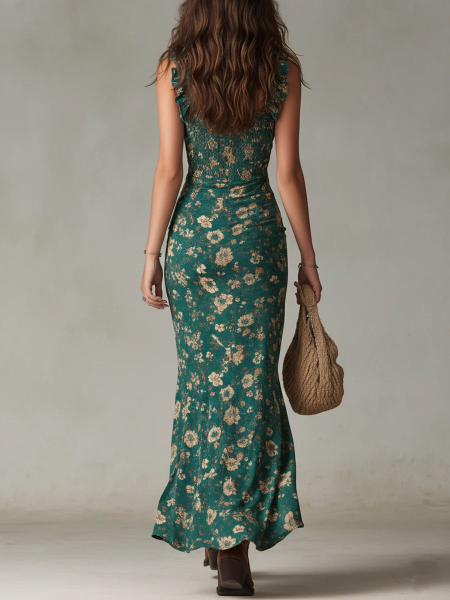 Gabriel Moreno - Vestido Maxi Estampado Verde Bohemio con Mangas con Volantes