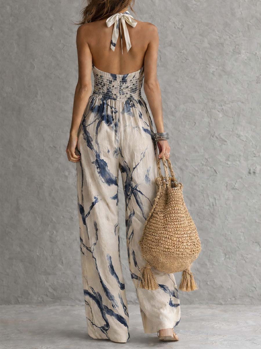 Gabriel Moreno - Jumpsuit con Escote Halter, Estampado de Tinta y Pantalones Anchos con Bolsillos