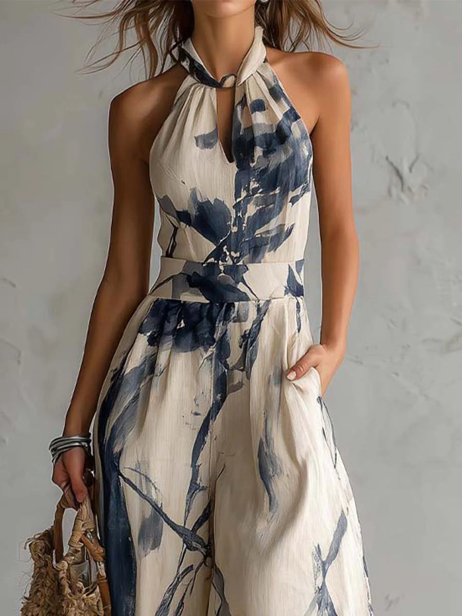 Gabriel Moreno - Jumpsuit con Escote Halter, Estampado de Tinta y Pantalones Anchos con Bolsillos