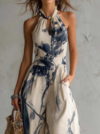 Gabriel Moreno - Jumpsuit con Escote Halter, Estampado de Tinta y Pantalones Anchos con Bolsillos