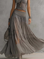 Gabriel Moreno - Conjunto Top Gris de Encaje Transparente y Falda Maxi Plisada