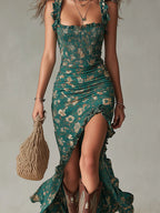 Gabriel Moreno - Vestido Maxi Estampado Verde Bohemio con Mangas con Volantes