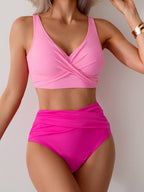 Emoswims - Women's High Waisted Bikini Sets Solid Pleated 2 Piece Swimsuits Sexy Beach Sets with Removable Pads