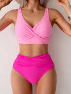 Emoswims - Women's High Waisted Bikini Sets Solid Pleated 2 Piece Swimsuits Sexy Beach Sets with Removable Pads