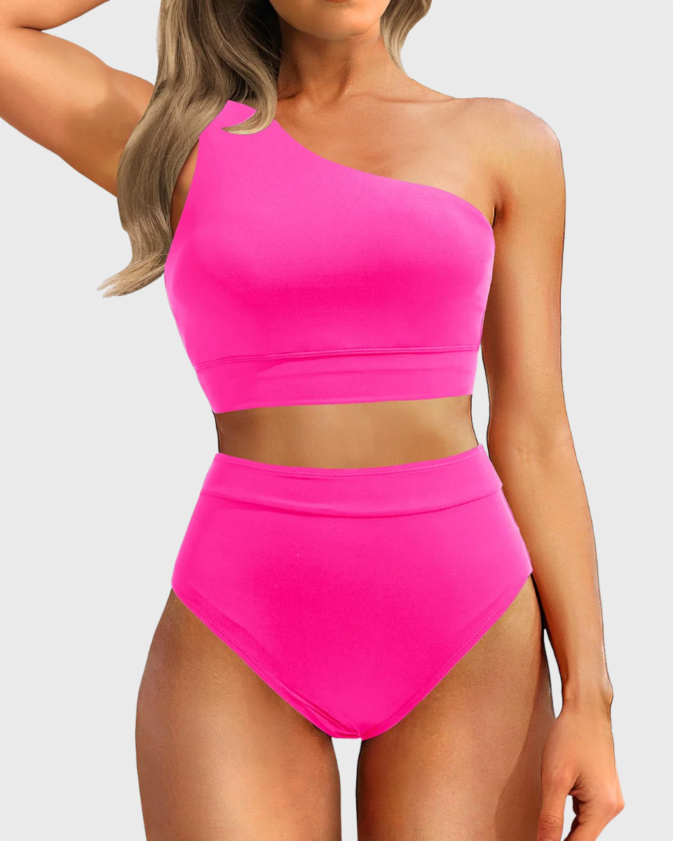 Emoswim - One Shoulder High Waisted Bikini Sets Two Piece Swimsuit Tummy Control-Pink
