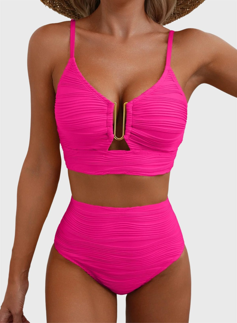 Emoswim - 2026 Summer Two Piece Bikini Set U-Wire Cutout High Waisted Swimsuit-Pink