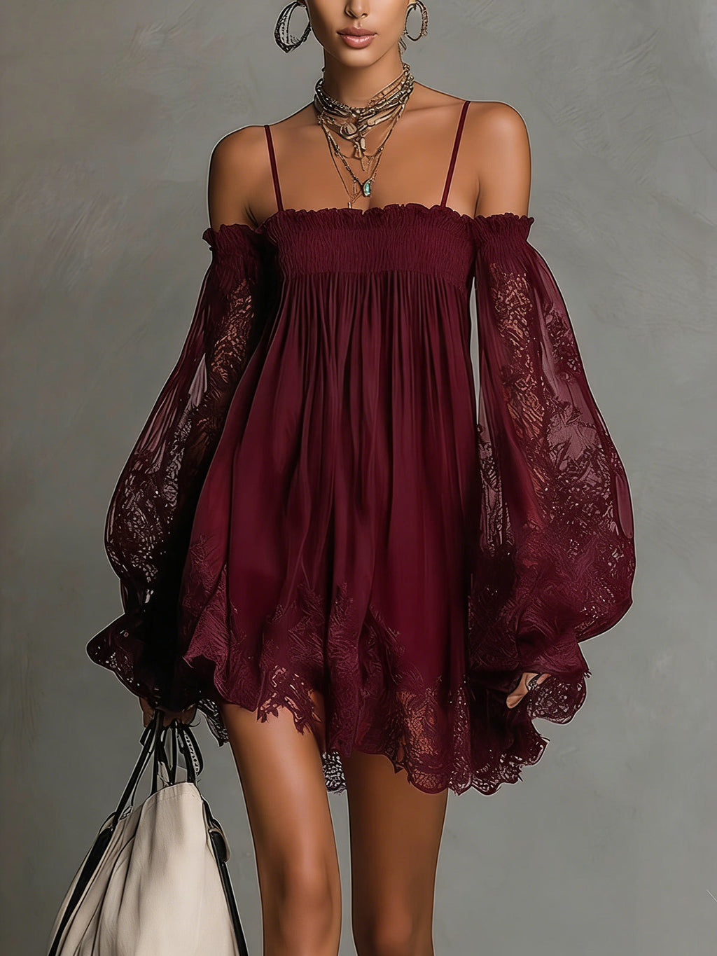 Gabriel Moreno - Noemi | Mini Vestido de Gasa Azul Marino con Escote Off-Shoulder, Encaje y Mangas Transparentes