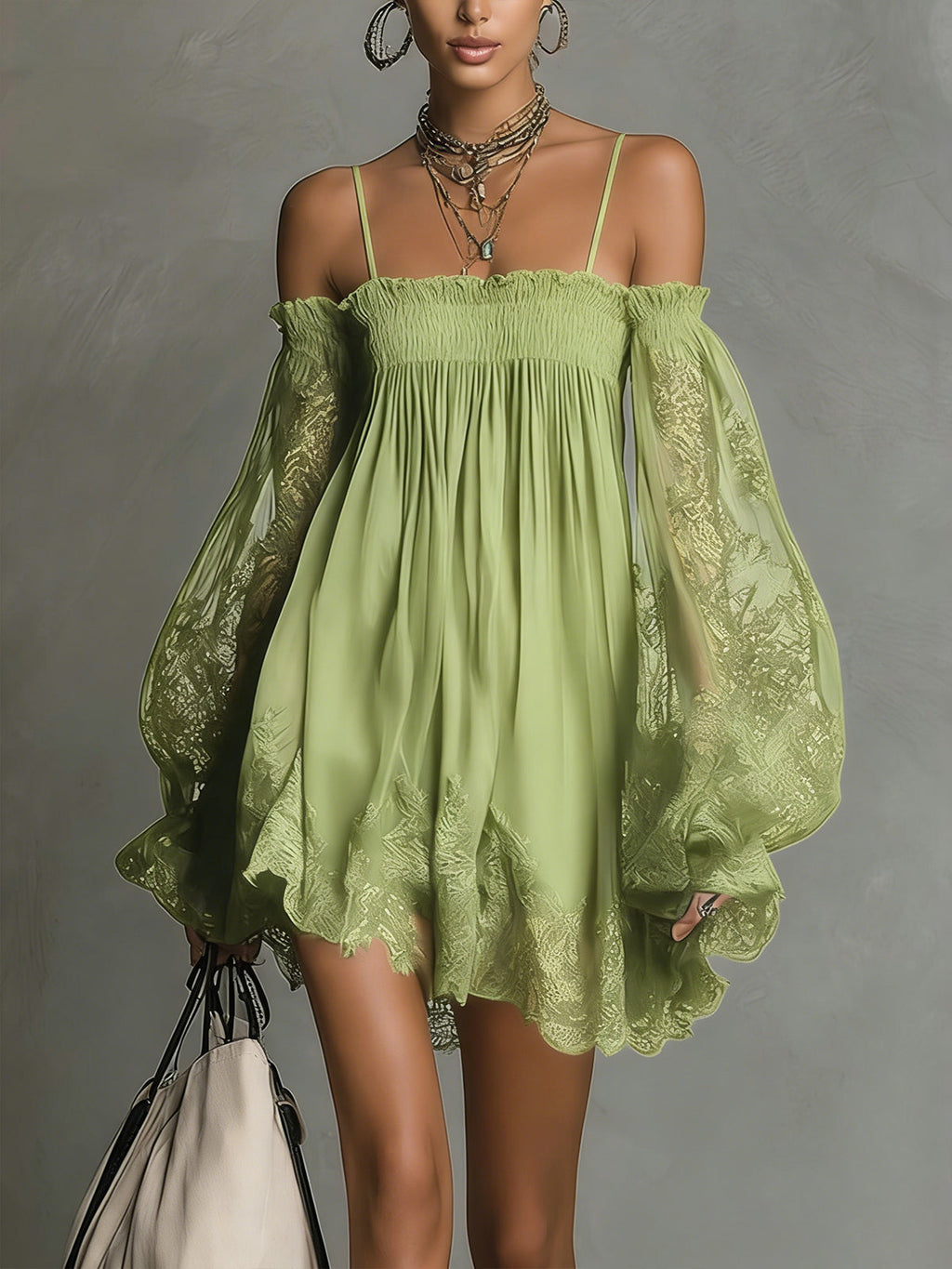 Gabriel Moreno - Noemi | Mini Vestido de Gasa Azul Marino con Escote Off-Shoulder, Encaje y Mangas Transparentes