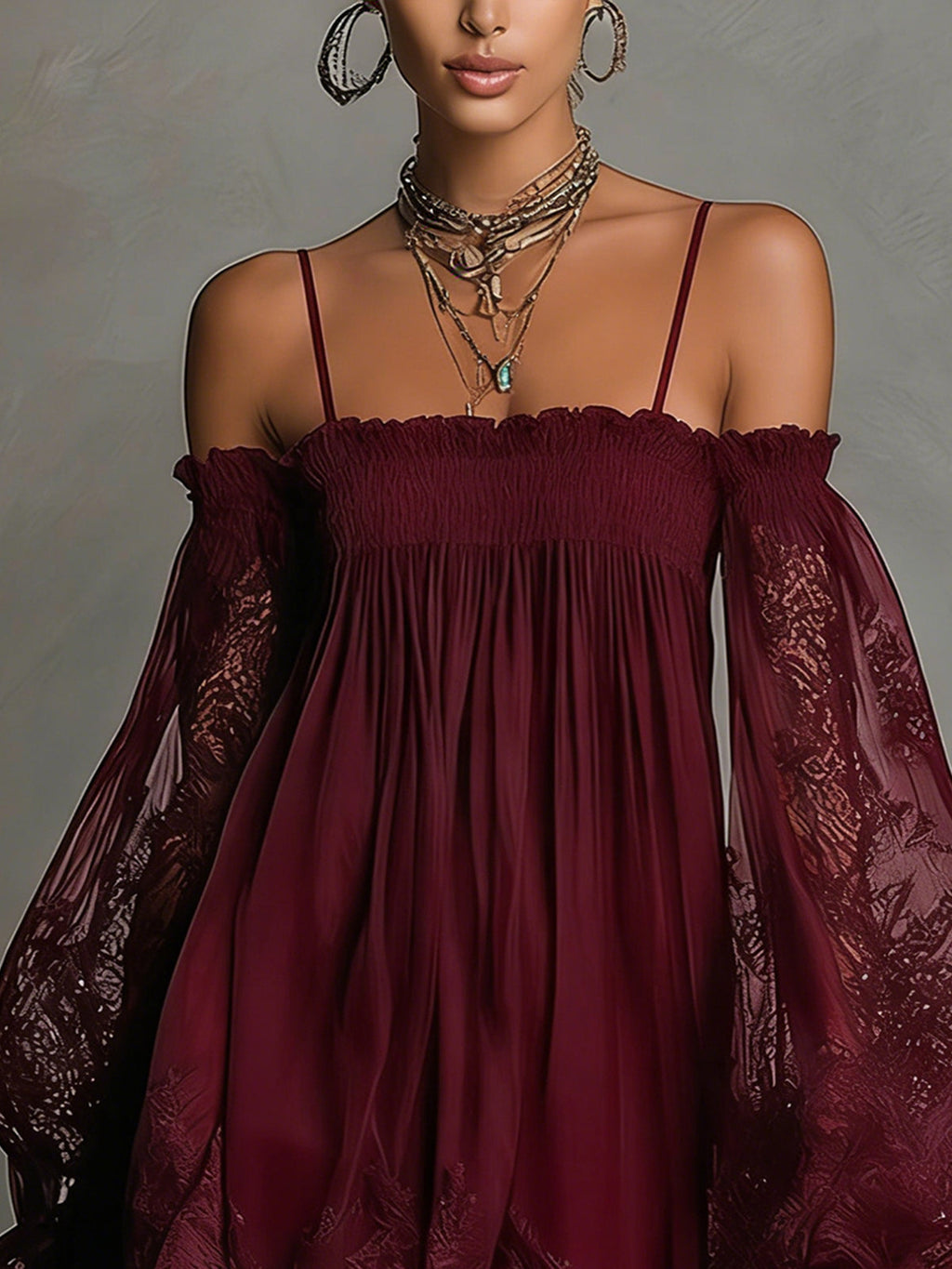 Gabriel Moreno - Noemi | Mini Vestido de Gasa Azul Marino con Escote Off-Shoulder, Encaje y Mangas Transparentes