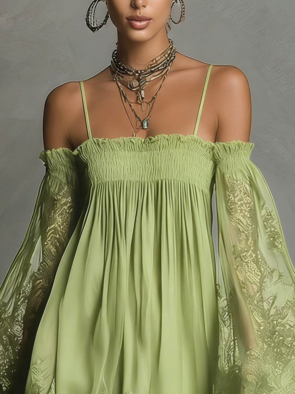 Gabriel Moreno - Noemi | Mini Vestido de Gasa Azul Marino con Escote Off-Shoulder, Encaje y Mangas Transparentes
