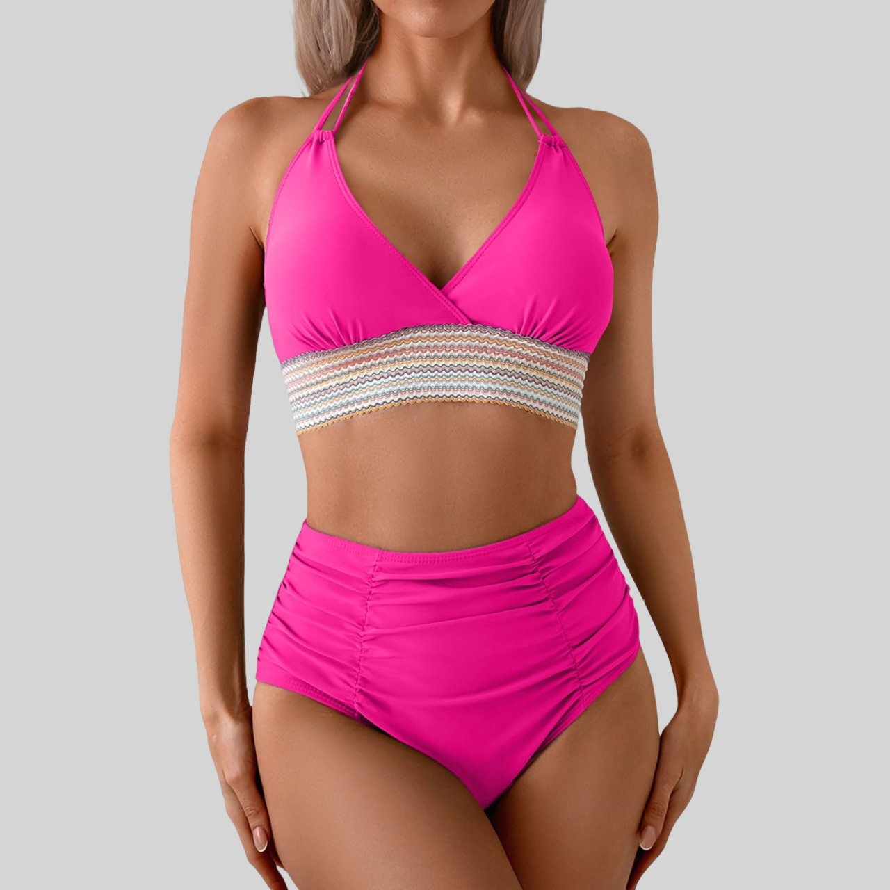 Emoswims - Two Piece High Waisted Bikini Sets Tummy Control Color Block Suspender Swimwear