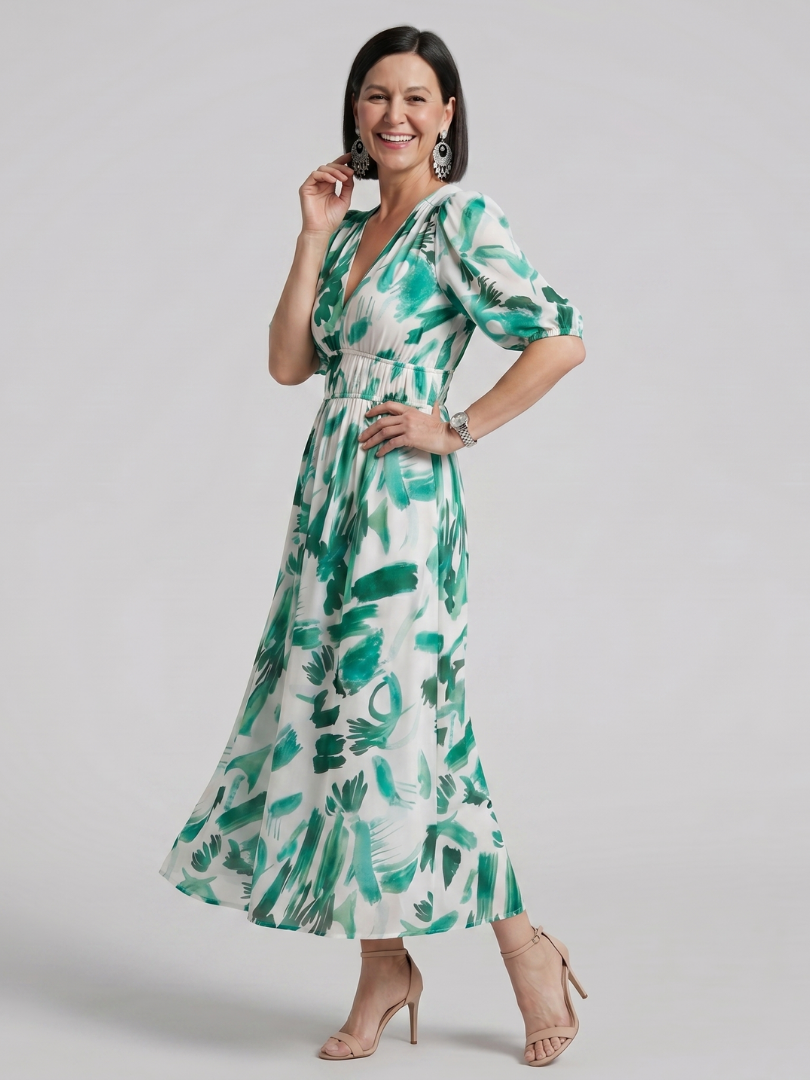 Candlia | Vestido midi de estampado abstracto con escote en V y mangas abullonadas