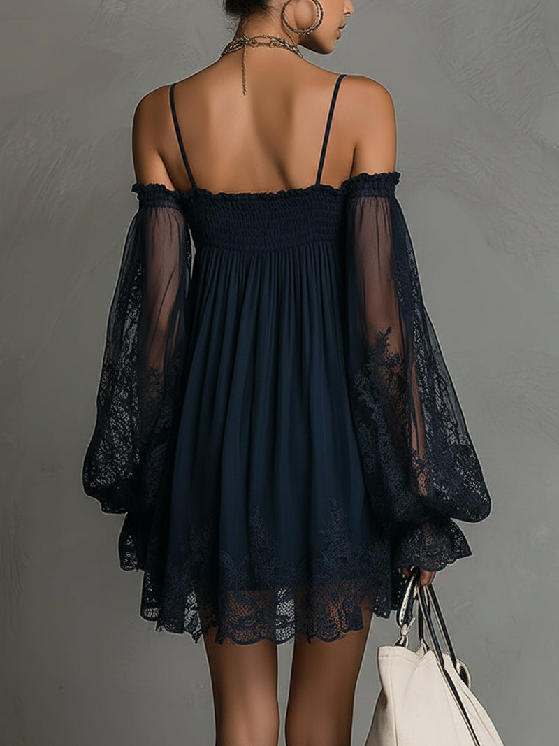 Gabriel Moreno - Noemi | Mini Vestido de Gasa Azul Marino con Escote Off-Shoulder, Encaje y Mangas Transparentes