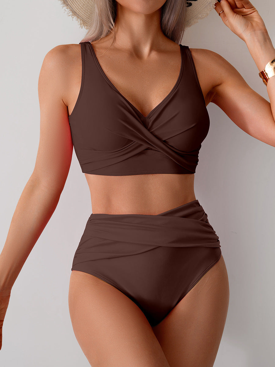 Emoswims - Women's High Waisted Bikini Sets Solid Pleated 2 Piece Swimsuits Sexy Beach Sets with Removable Pads