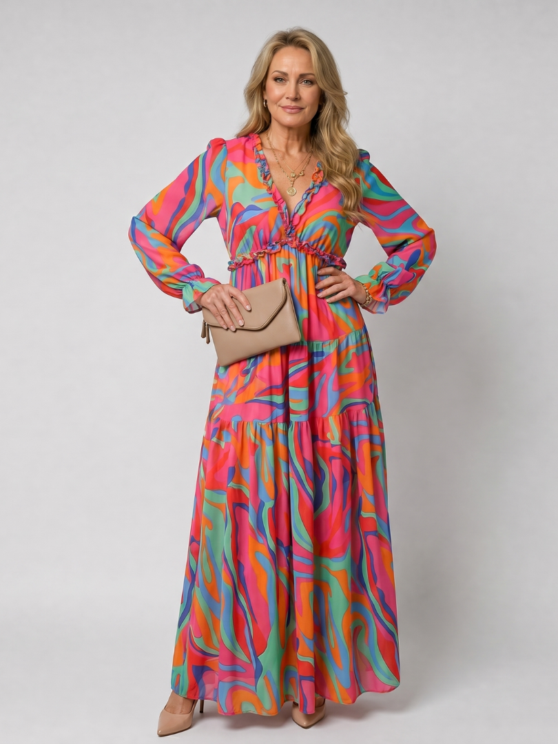 Camelo | Vestido maxi de estampado floral, mangas largas y falda en capas