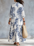 Dahlia™ | Vestido Maxi Bohemio Escalonado con Botonadura y Estampado Floral Azul