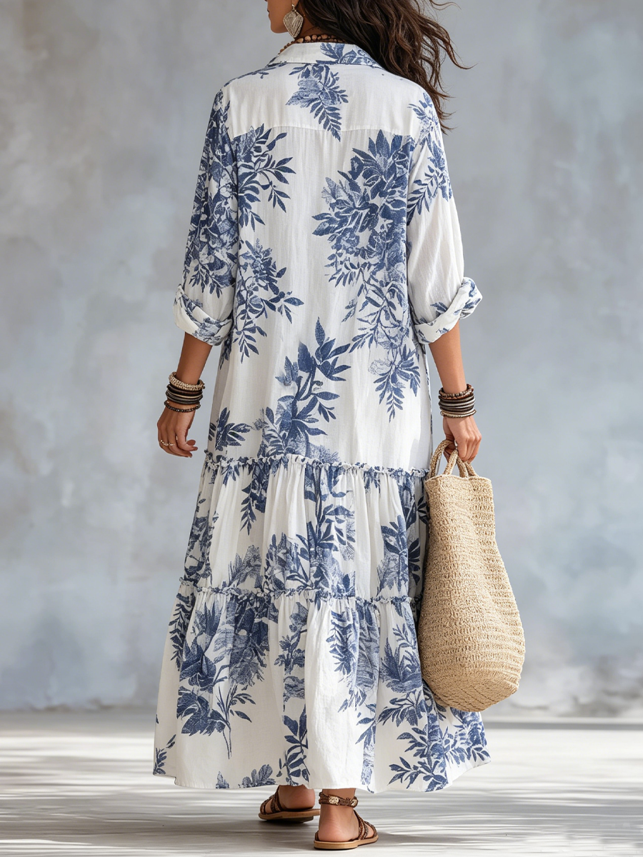 Dahlia™ | Vestido Maxi Bohemio Escalonado con Botonadura y Estampado Floral Azul