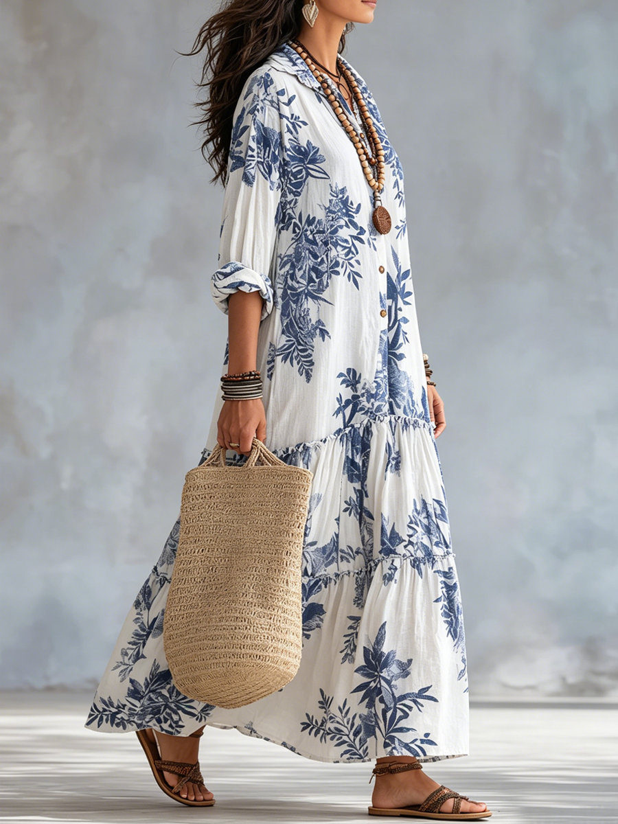 Dahlia™ | Vestido Maxi Bohemio Escalonado con Botonadura y Estampado Floral Azul