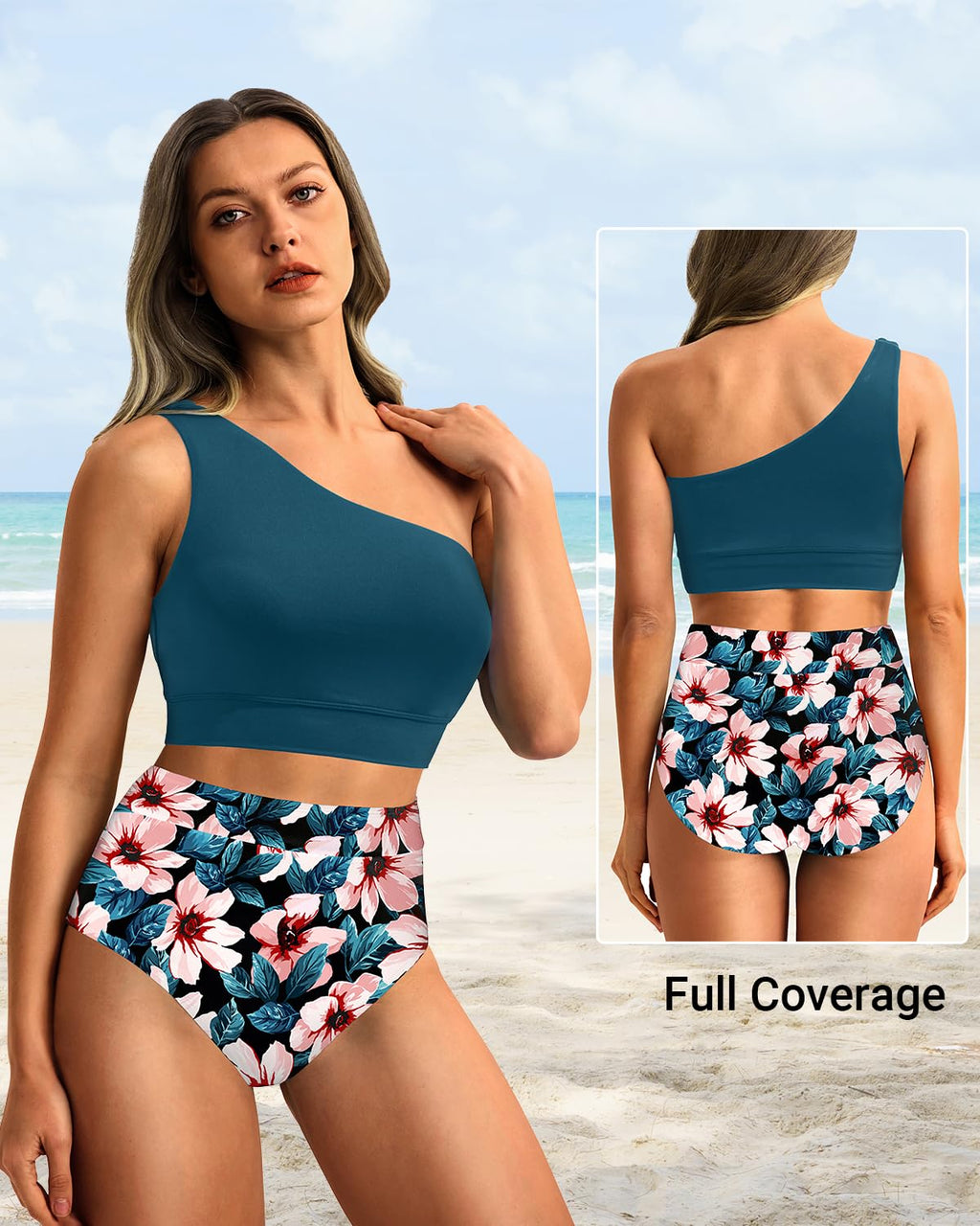 Emoswim - One Shoulder High Waisted Bikini Sets Two Piece Swimsuit Tummy Control-Teal Flower