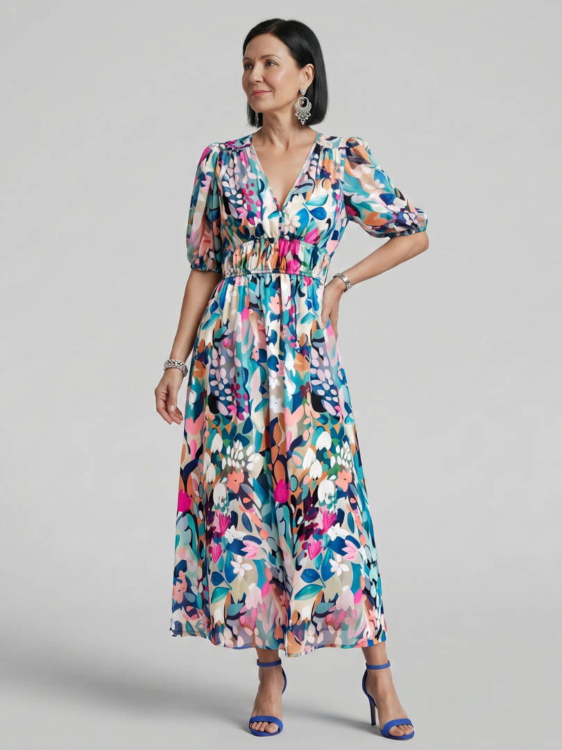 Candlia | Vestido midi de estampado abstracto con escote en V y mangas abullonadas