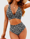 Emoswim - Women Embroidery Print High Waisted Bikini Sets V Neck Tummy Control Bathing Suit Two Piece Curvy Swimsuits