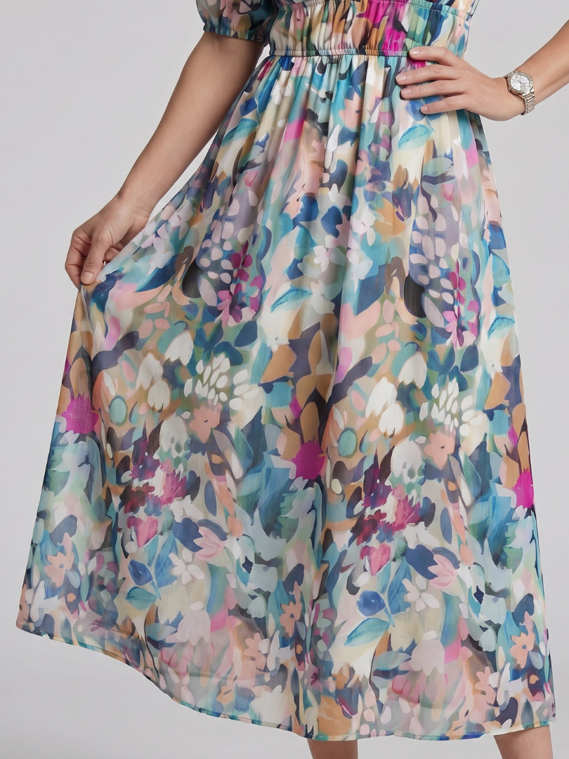 Candlia | Vestido midi de estampado abstracto con escote en V y mangas abullonadas