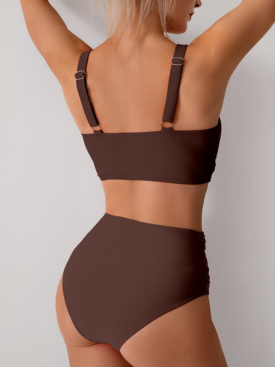 Emoswims - Women's High Waisted Bikini Sets Solid Pleated 2 Piece Swimsuits Sexy Beach Sets with Removable Pads