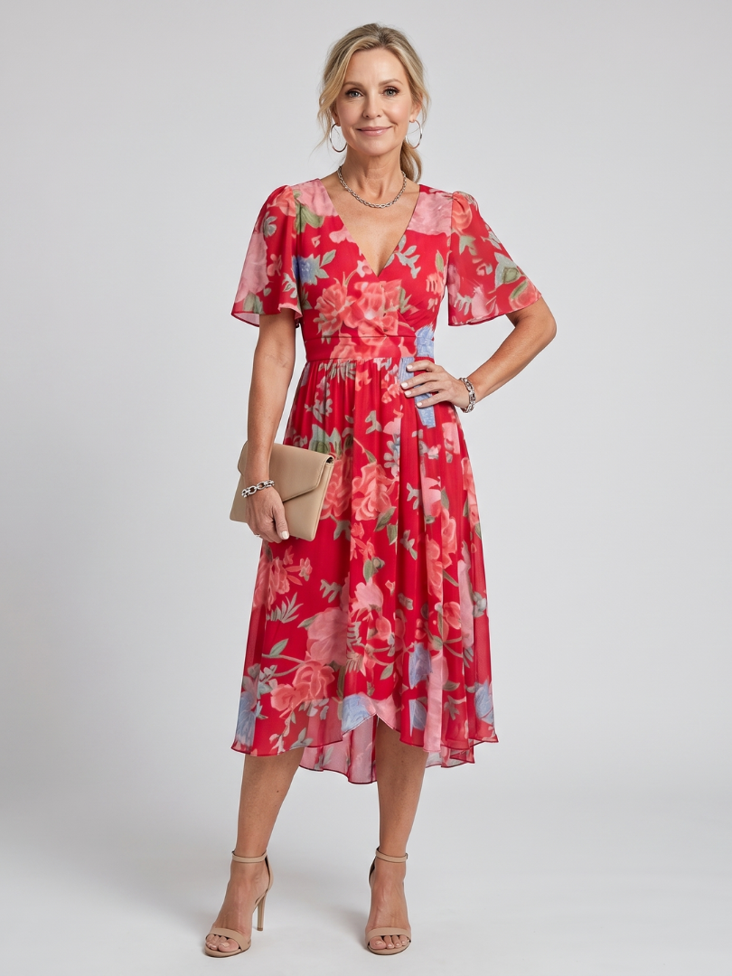 Mirabel | Vestido midi con estampado floral, mangas con volante y cintura fruncida