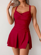 Emoswims - Women's Twisted Ruched Swim Dress Slit Strap Tankini Swimsuit