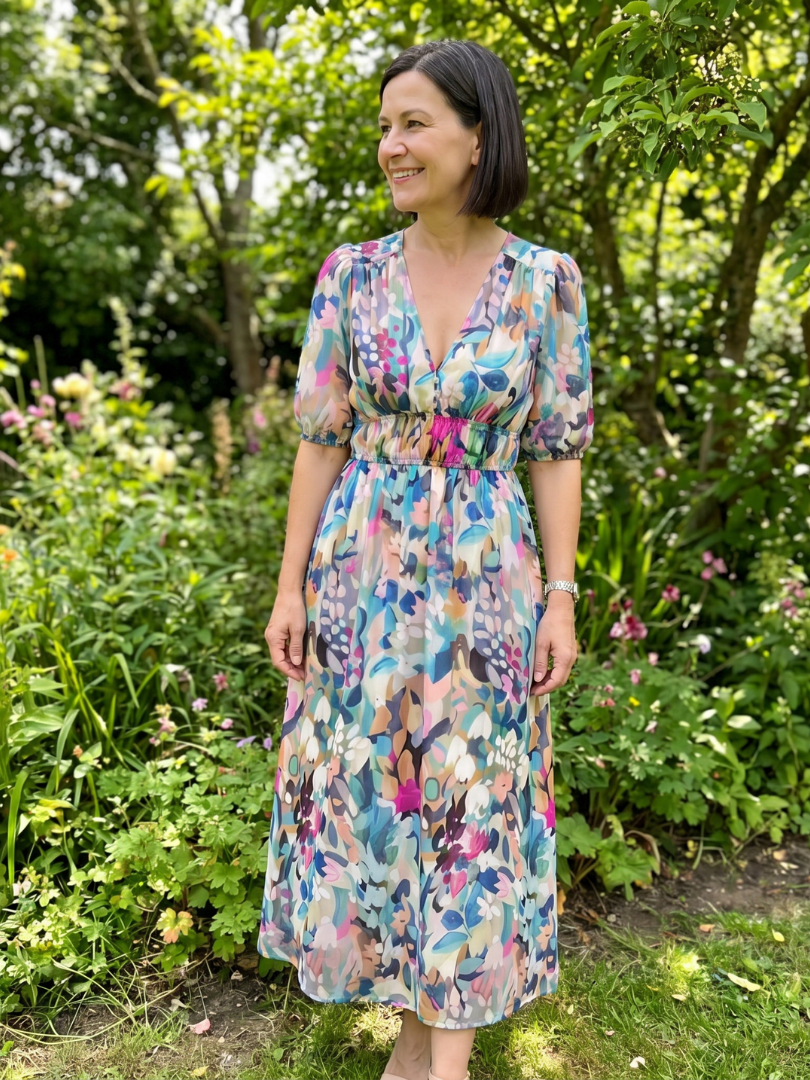 Candlia | Vestido midi de estampado abstracto con escote en V y mangas abullonadas
