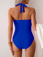 Emoswims - Women's One Piece Swimsuit V Neck Halter Swimwear Twist Front Ruched Tummy Control Bathing Suit