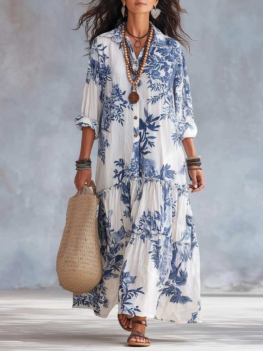 Dahlia™ | Vestido Maxi Bohemio Escalonado con Botonadura y Estampado Floral Azul