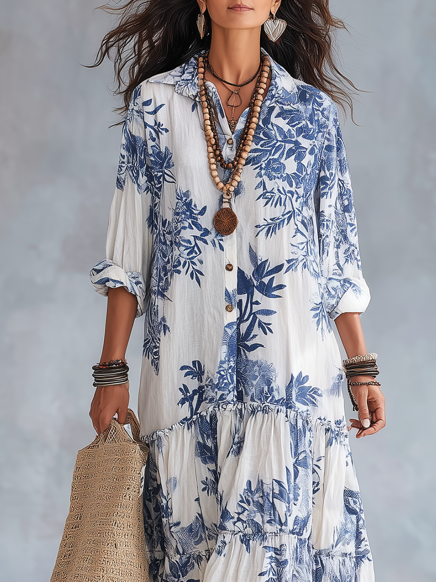Dahlia™ | Vestido Maxi Bohemio Escalonado con Botonadura y Estampado Floral Azul