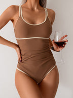 Emoswims - Womens Tummy Control Swimsuit Color Block One Piece Bathing Suits Slimming Double Straps Swimwear High Cut Swim Suit