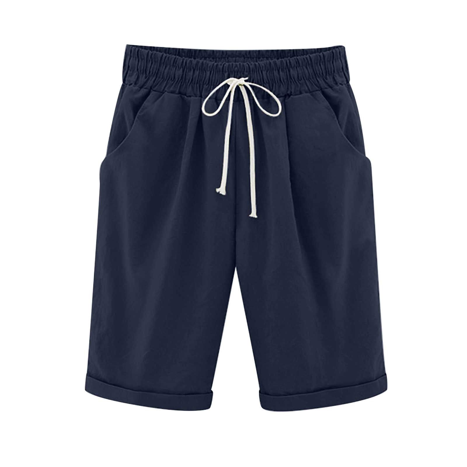Emoswims - Women's Elastic Waist Knee Length Casual Cotton Bermuda Shorts with Drawstring