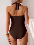 Emoswims - Women's One Piece Swimsuit V Neck Halter Swimwear Twist Front Ruched Tummy Control Bathing Suit