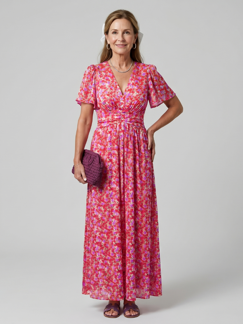 Juna | Vestido midi con estampado de florecitas y manga corta
