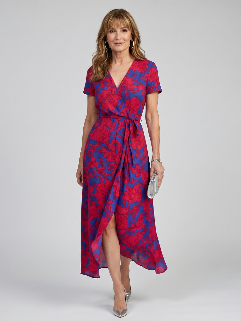 Priya | Vestido midi cruzado con estampado floral y manga corta