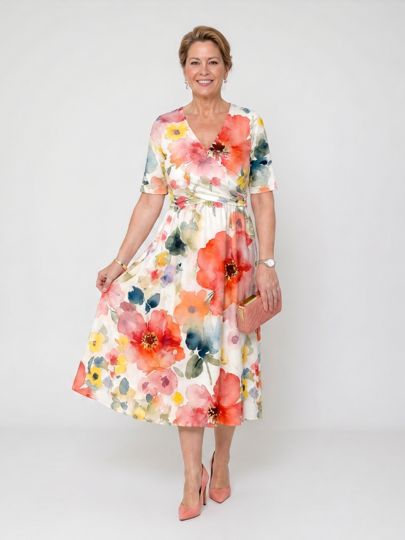 Corinne | Vestido midi con estampado floral, escote en V y mangas cortas