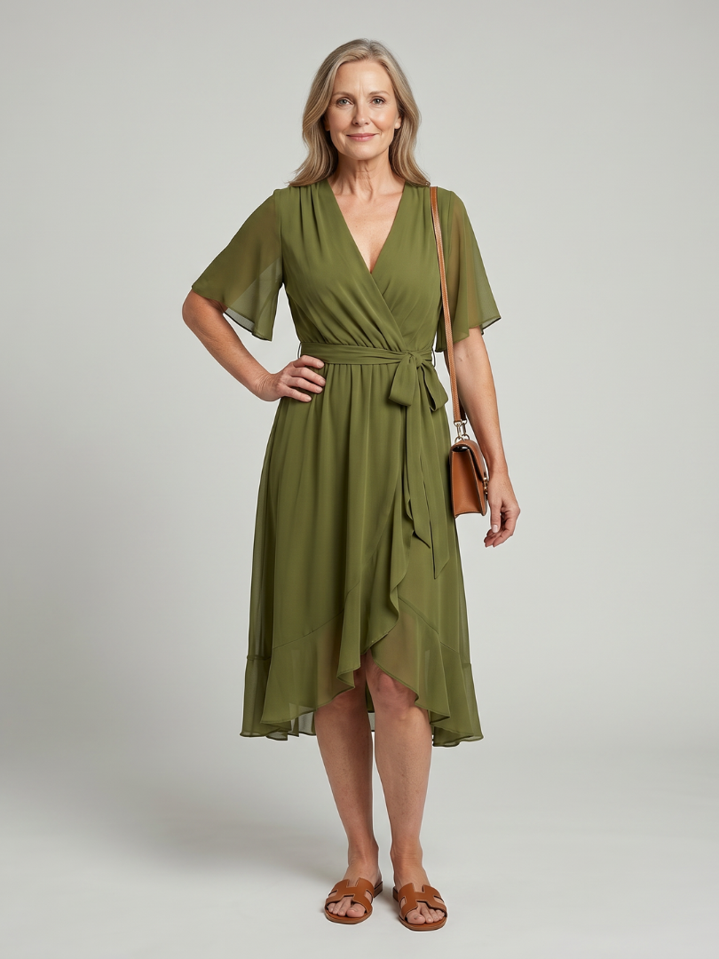 Keziah | Vestido midi envolvente de manga corta, con falda fluida y dobladillo suave