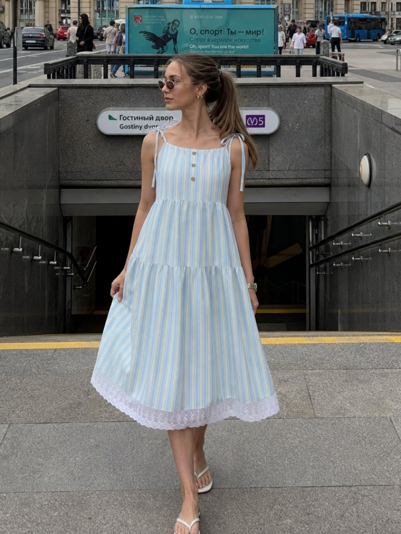 Nathalia | Vestido midi de tirantes anudables con estampado de rayas